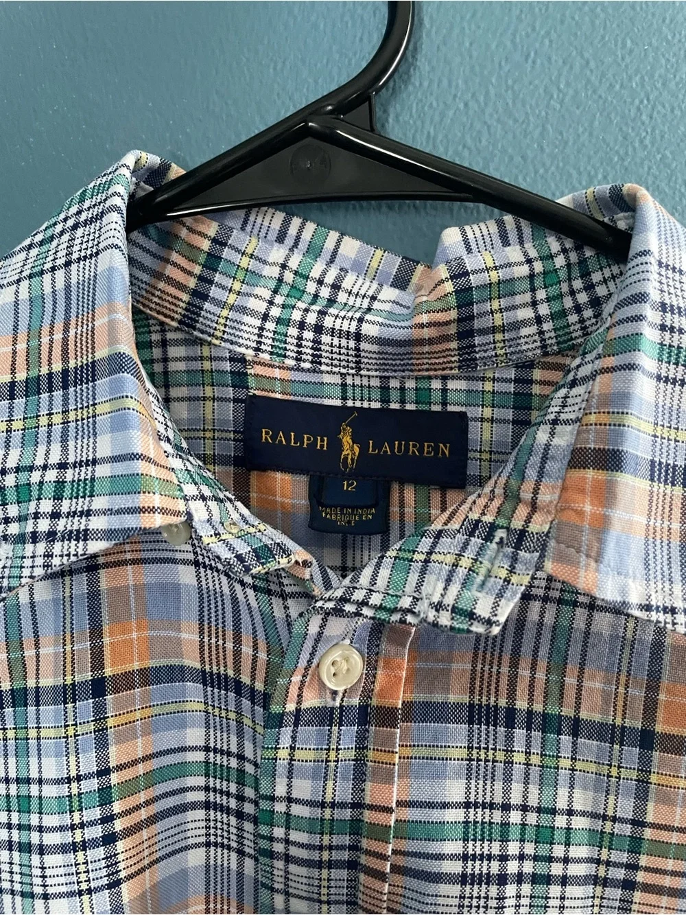 Ralph Lauren Boys Size 12 Plaid Button Down Shirt Blue Green Orange 100% Cotton